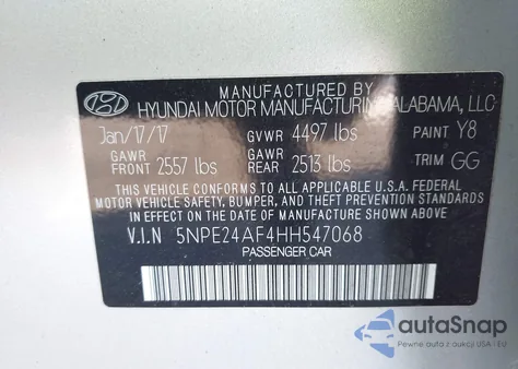 2017 Hyundai Sonata z USA, uszkodzony, nr VIN 5NPE24AF4HH547068